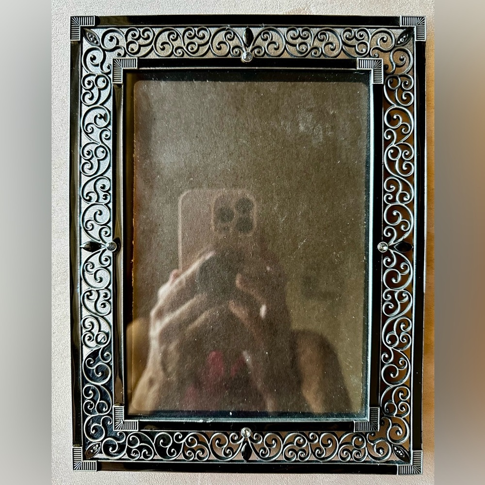 Picture frame Filagree black metal enamel and decorative rhinestones! Gorgeous!